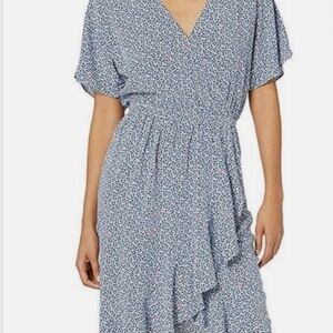 J.Crew Mercantile blue floral faux wrap high-low dress featuring a ruffled hem